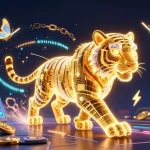 Play and win exciting games at Sunwin, featuring vibrant visuals of the golden tiger and cryptocurrency elements.