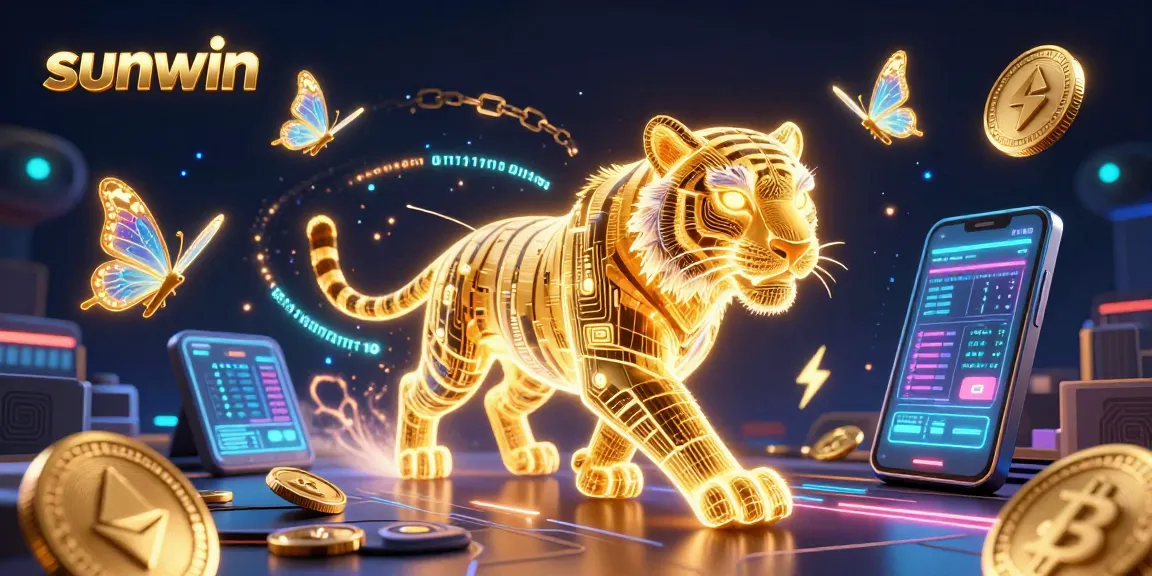 Play and win exciting games at Sunwin, featuring vibrant visuals of the golden tiger and cryptocurrency elements.